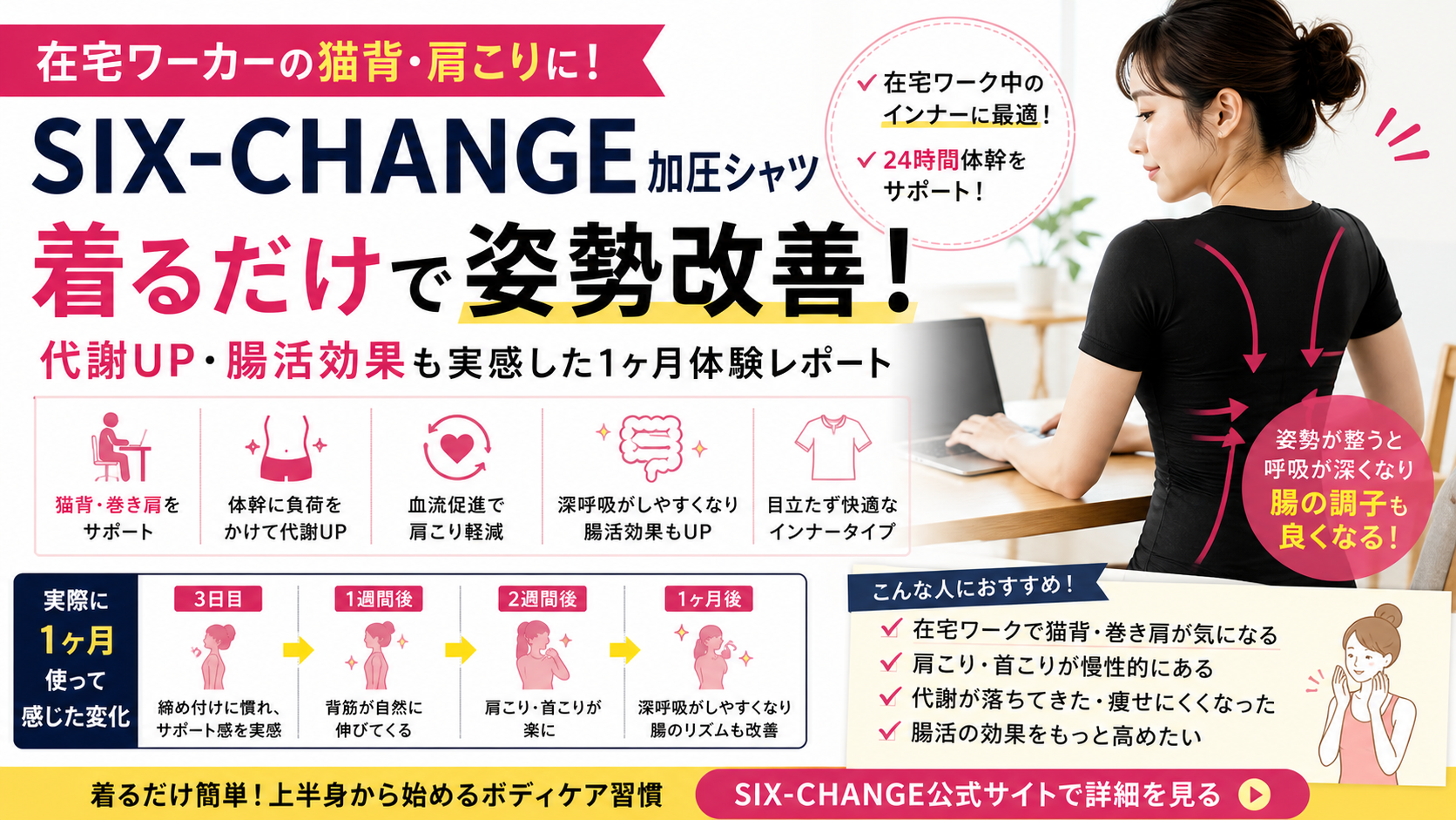 加圧シャツSIX-CHANGEを在宅ワーカーが試した感想｜着るだけで姿勢改善・代謝UP・腸活効果も